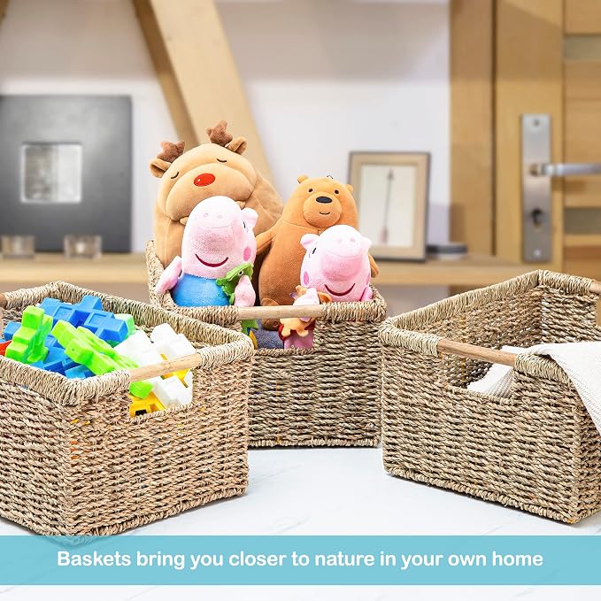 Large Wicker Basket Rectangular with Wooden Handles for Shelves, Seagrass Basket Storage, Natural Baskets for Organizing, Wicker Baskets for Storage - 3 Pack Large - Image 8