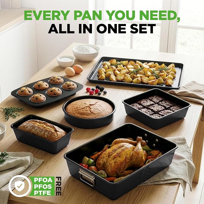 NutriChef 8 Piece Nonstick Bakeware Set | Carbon Steel Baking Pans for Oven | Includes Sheet Pan, Muffin, Loaf, Round and Square Cake Pan | Dishwasher Safe, Stackable Design Oven Safe up to 446°F - Image 6