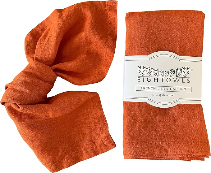 Linen Napkins –100% French Flax – Stonewashed Pure Linen Cloth Napkins - Size 18 Inch x 18 Inch – Set of 4 (Sunset Orange) by EightOwls