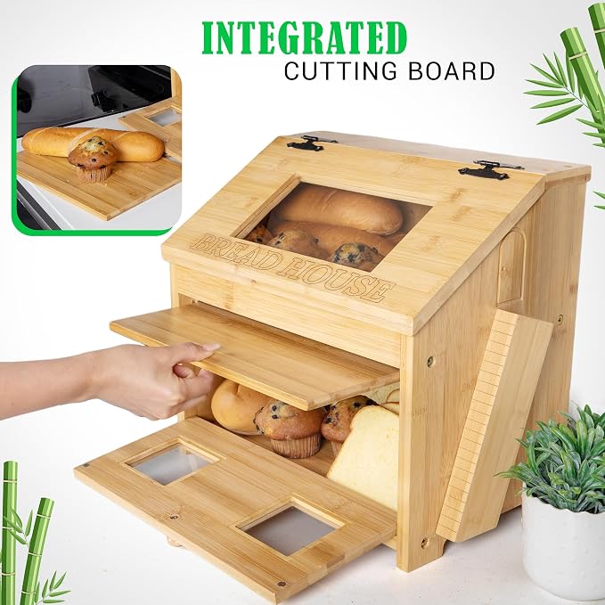 Bread Box for Kitchen Countertop – Large Wooden Bamboo Bread Box with Cutting Board (SELF-ASSEMBLY) - Image 4