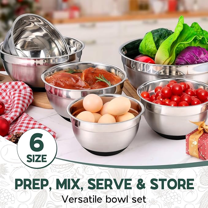 Onader Mixing Bowls with Lids Set of 6 for Kitchen, Stainless Steel Metal Nesting Bowls with Non-Slip Bottom Black - Size 1, 1.5, 2, 2.6, 3.5, 7QT - Image 6