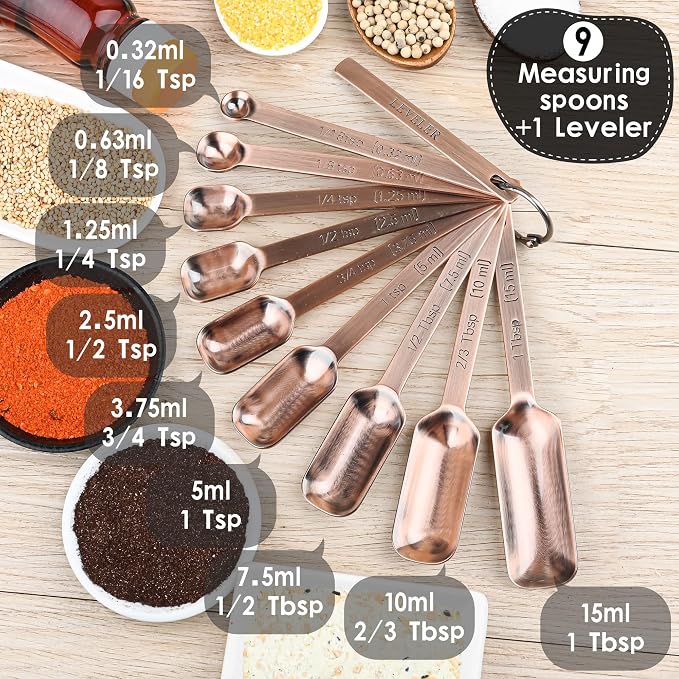 Copper Measuring Cups and Spoons Set 17, Stainless Steel Measuring Cups and Spoons for Dry & Liquid, Metal 7 Measure Cup and 9 Measure Spoon with 1 Leveler for Kitchen & Baking - Image 7