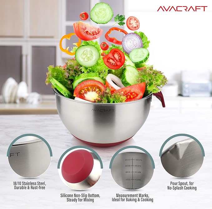 AVACRAFT 18/10 Stainless Steel Mixing Bowls with Lids, non slip silicone base bowls with Handle, Mixing Bowl Set with Pour Spouts & Measurement Marks, Home Essentials Cooking Bowls, (Red) - Image 4