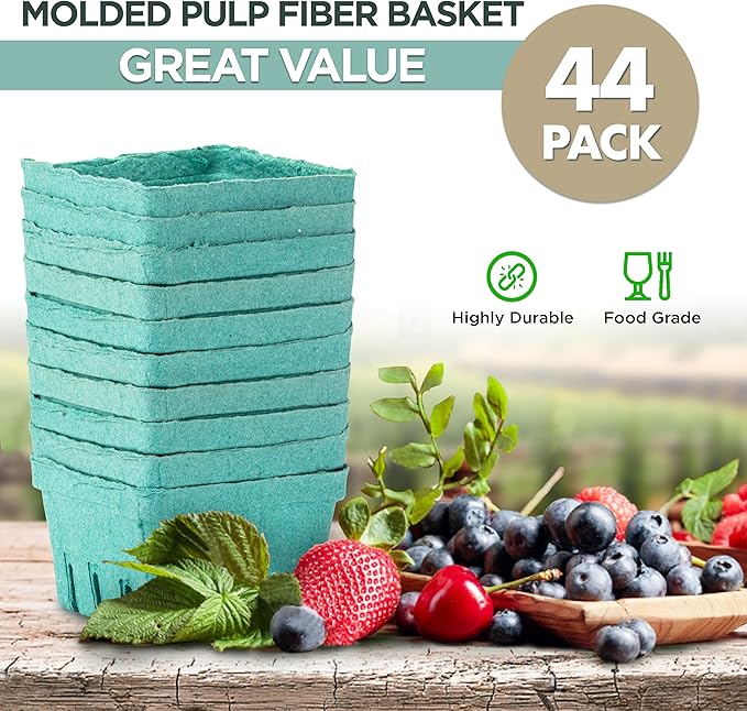 FMP Brands 44 Pack Pint Green Molded Pulp Fiber Berry Basket Produce Vented Container for Fruit and Vegetable, Farmer Market, Grocery Stores and Backyard Party - Image 3
