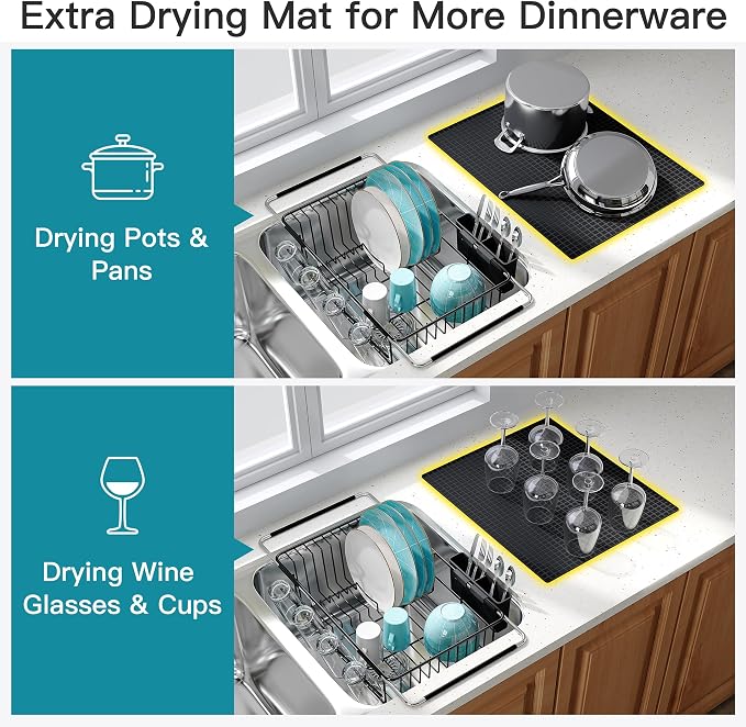 JASIWAY Black Dish Drying Rack in Sink with Mat, Cups and Utensil Holder | Use Over the Sink or Counter, Stainless Steel Expandable Dish Drainer for Small Kitchen, Space Saving, Fast Drain, Rustproof - Image 3