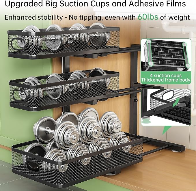 2-Pack 3-Tier Under Sink Organizer, Slide Out Cabinet Storage, Kitchen/Bath | 2-Pack Value Set, Height Adjustable, Carbon Steel Holds 60 lbs Each, Fits Kitchen & Bathroom Vanity Simultaneously - Image 8