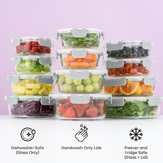 JoyJolt 24pc Borosilicate Glass Storage Containers with Lids | 12 Airtight/Freezer Safe Food Storage Containers for Pantry and Kitchen | Meal Prep Container for Lunch | Glass Tupperware Set - Image 2
