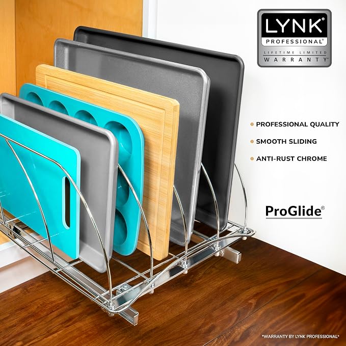 LYNK PROFESSIONAL® Pull Out Cookie Sheet Organizer for Cabinet – Baking Sheet Organizer – Sheet Pan Organizer - Lifetime Ltd. Warranty – 14” x 21” Deep Inside Cabinet, Chrome - Image 2