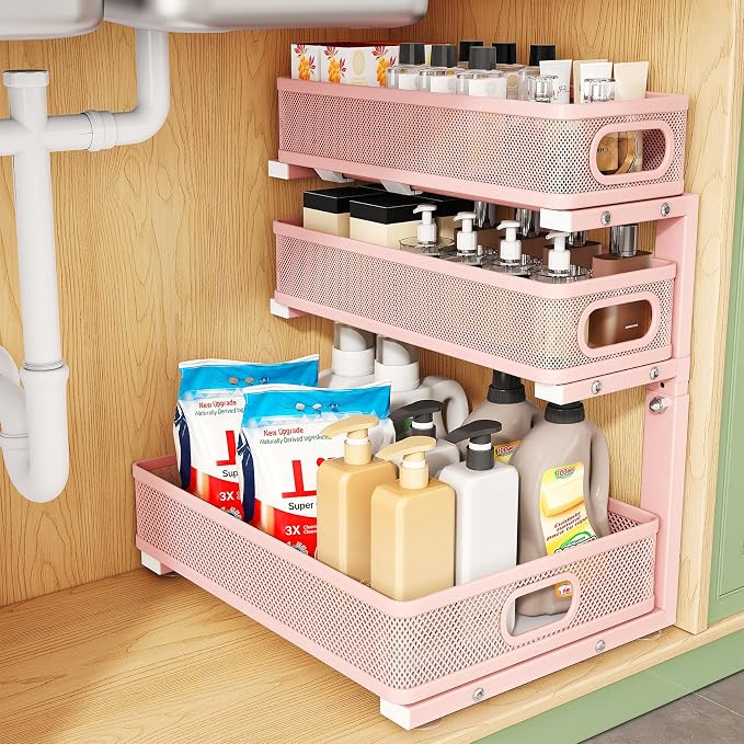 Kitstorack Under Sink Organizer, 1-Pack 3-Tier Height Adjustable Thickened Metal Pull out Cabinet Organizer Shelf, Slide out Storage Drawer Rack for Bathroom Kitchen Pantry Home Organization, Pink by Kitstorack