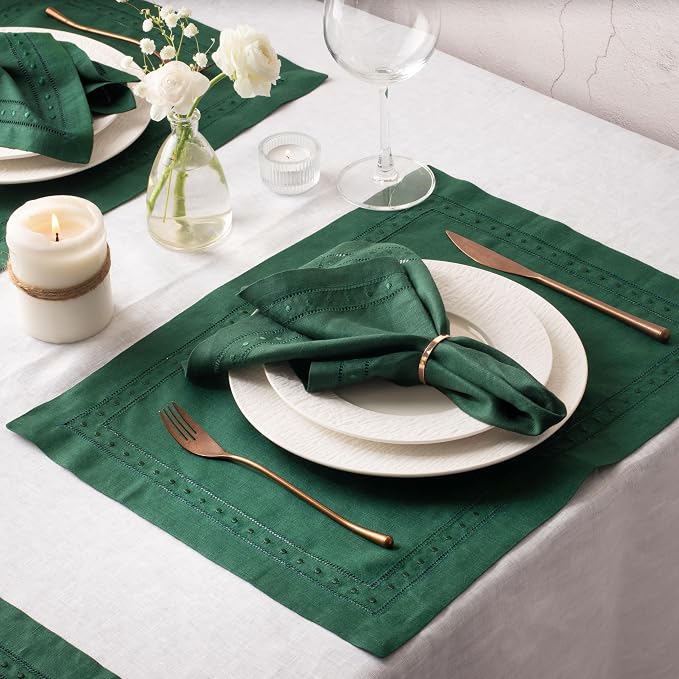 Linen Napkins Set of 4-100% Pure Linen Forest Green Embroidered Dinner Napkins 18 x 18 inch - Classic Hemstitch Cloth Napkins Washable for Winter and Christmas Decor - Image 3