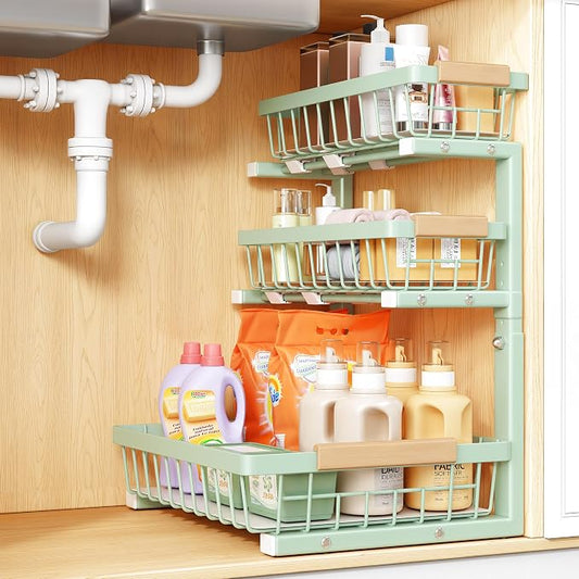 PXRACK Under Sink Organizer, 1-Pack 3-Tier Height Adjustable Thickened Metal Pull out Cabinet Organizer Shelf, Slide out Storage Drawer Rack for Bathroom Kitchen Pantry Home Organization, Green by PXRACK