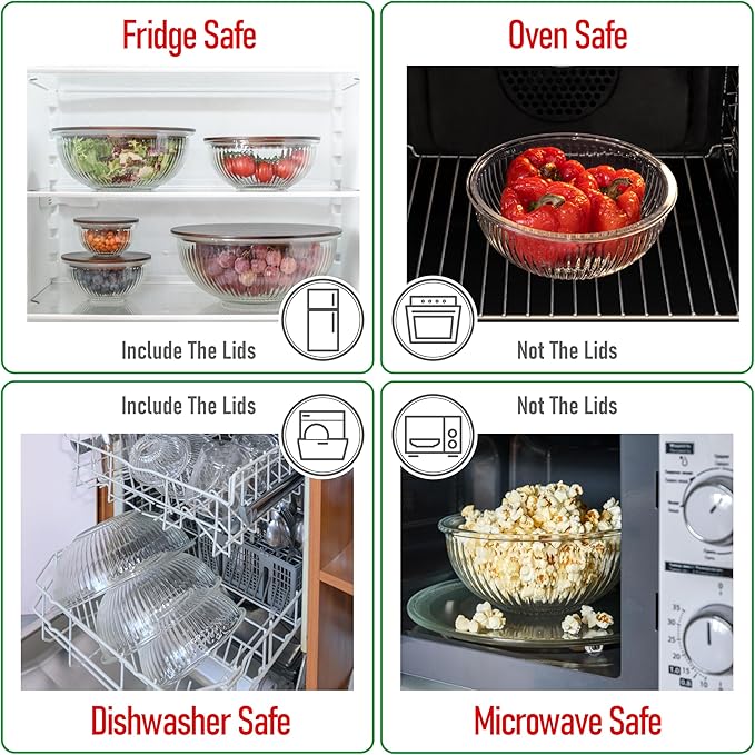 Stackable Space-Saving Set of 5 Nesting Glass Bowls with Acacia Lids for Foodprep, Storage, Mixing & Cooking - Microwave & Oven-ready BPA Free Durable Heat Resistant Inert Borosilicate Glass - Image 5