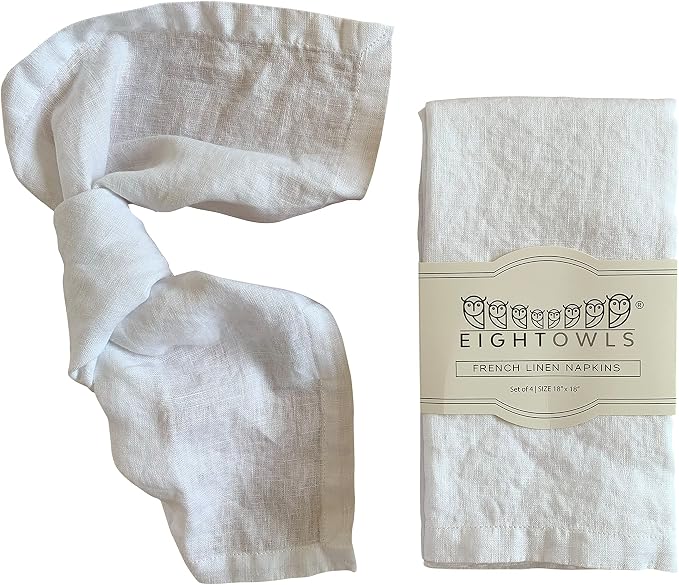 Linen Napkins –100% French Flax – Stonewashed Pure Linen Cloth Napkins - Size 18 Inch x 18 Inch – Set of 4 (Pure White) by EightOwls
