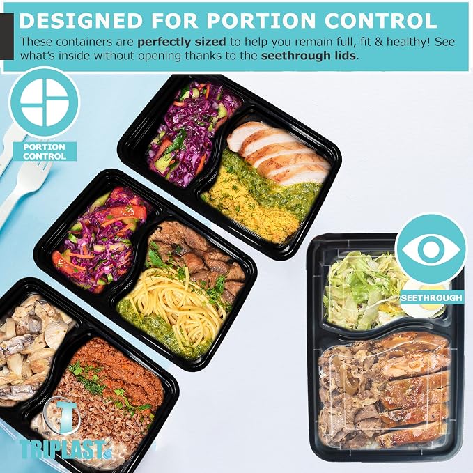 Triplast 20 x Meal Prep Containers (2 Compartment, 32oz) - Microwave, Freezer & Dishwasher Safe – BPA Free, Reusable, Leakproof & Stackable Food Storage Bento Lunch Boxes for Home, Office & School Use - Image 6