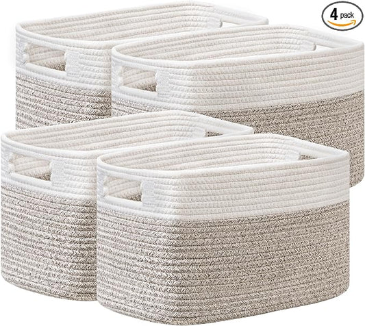 4 Pack Storage Baskets for Organizing, Shelf Baskets with Handles, White&Light Brown by UBBCARE