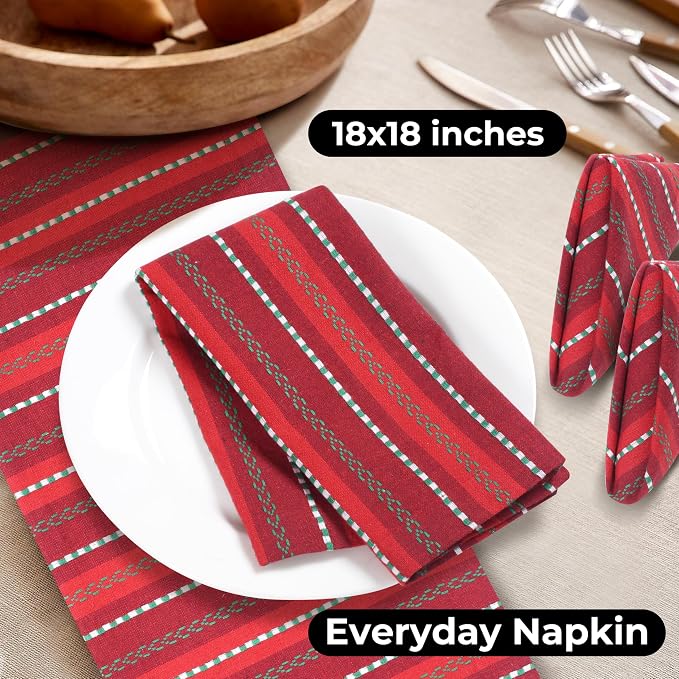 Bedding Craft Cotton Cloth Napkins Set of 12-18x18 Inch Machine Washable Dinner Napkins, Set of 12 Red Green Multi Salsa Stripe Napkins, Wedding Napkins, Cotton Cloth Napkins for Everyday Use - Image 4