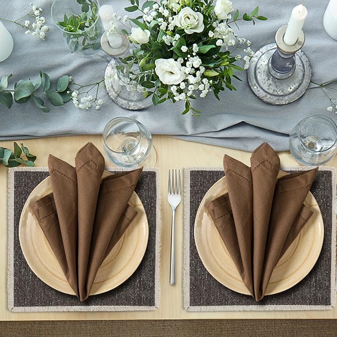 Ramanta Home Brown Cloth Dinner Napkin Set of 24-18x18 Inch | Cotton Linen Flax Hemstitched Napkins Washable for Everyday Use - Image 3