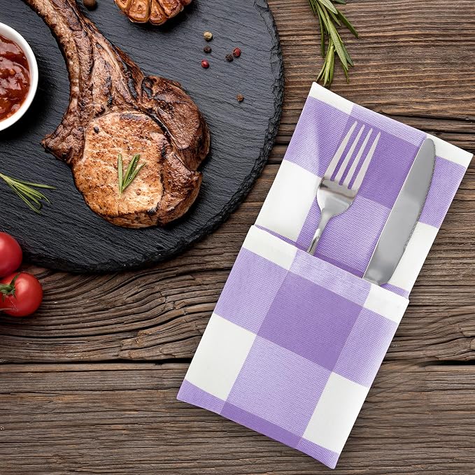 Buffalo Plaid Table Napkins Set of 50 Checkered Cloth Napkins 17x17 inch Washable Dinner Gingham Pattern Napkins Soft Napkins for Wedding Party Dining Banquet(Lavender and White) - Image 6
