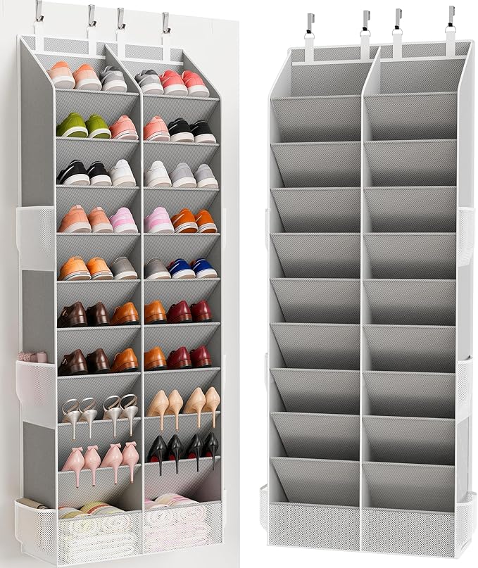 Over the Door Shoe Organizer, 20-30 Pairs Heavy-Duty Hanging Shoe Storage with Large Pockets, 10-Tier Door Shoe Rack with 4 Hooks for Sneakers Sandals Heels Boots (Gray) by Criusia
