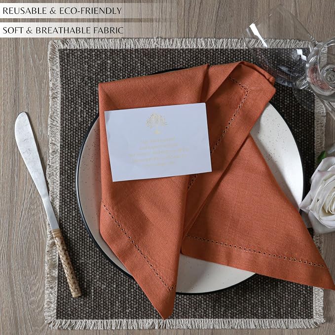 Ramanta Home Rust Cloth Dinner Napkin Set of 24-18x18 Inch | Cotton Linen Flax Hemstitched Napkins Washable for Everyday Use - Image 6
