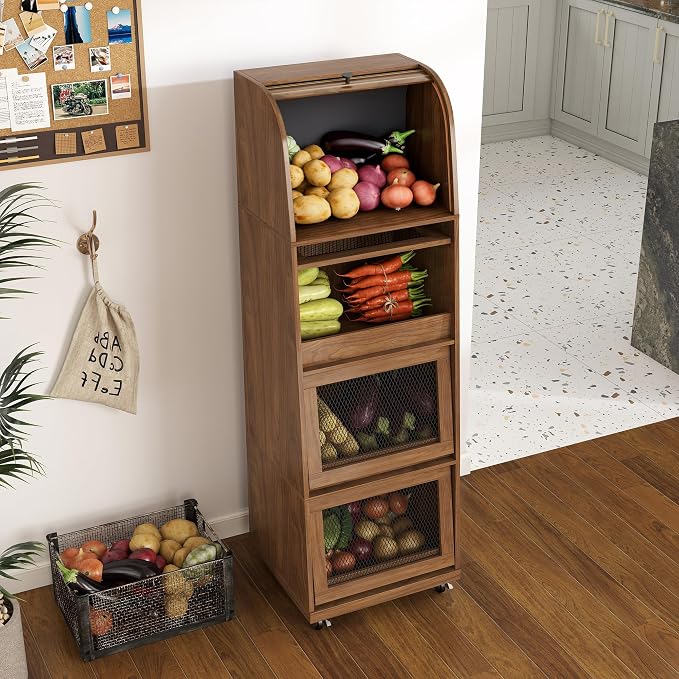 Movable Potato Storage Bins, Fruit Vegetable Basket, Kitchen Pantry Cabinet | Tall Large Potato and Onion Storage Bin, for Bread, Mid Century Modern, Wooden, with Sliding Door and Wheels, 4 Tier, Walnut - Image 8