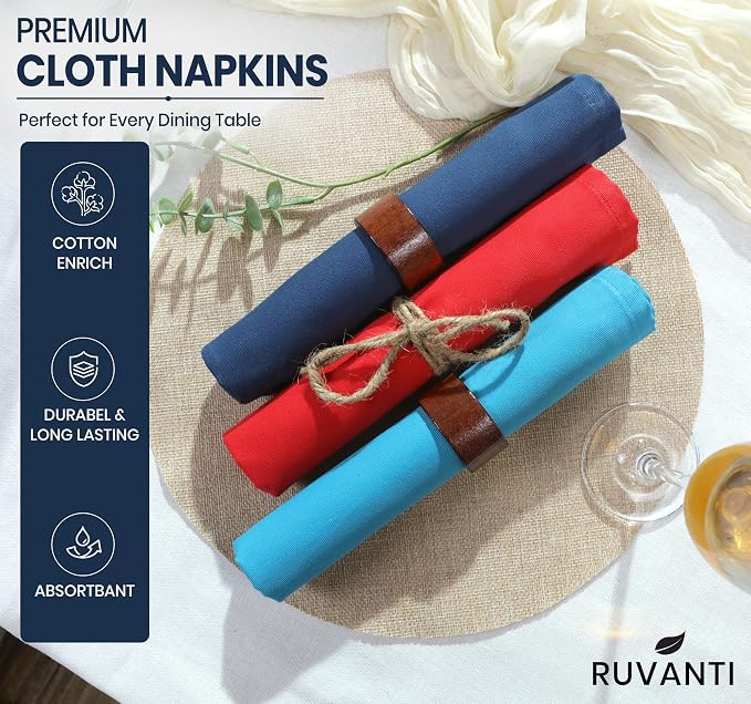 Ruvanti Cloth Napkins Set of 12, 18x18 Inches Napkins Cloth Washable, Soft, Durable, Absorbent, Cotton Blend. Table Dinner Napkins Cloth for Hotel, Christmas, Dinner, Parties - Multi Color - Image 2