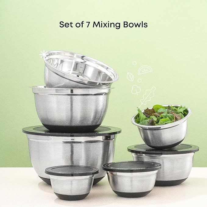JoyJolt Stainless Steel Mixing Bowls with Airtight Lids, 7 Piece Nesting Bowls Set for Kitchen with Measurement Marks, Non-Slip Bottoms, Cooking, Baking, Prepping, Storage, 7/5/4/3/1.5/1/.75QT, Black - Image 3