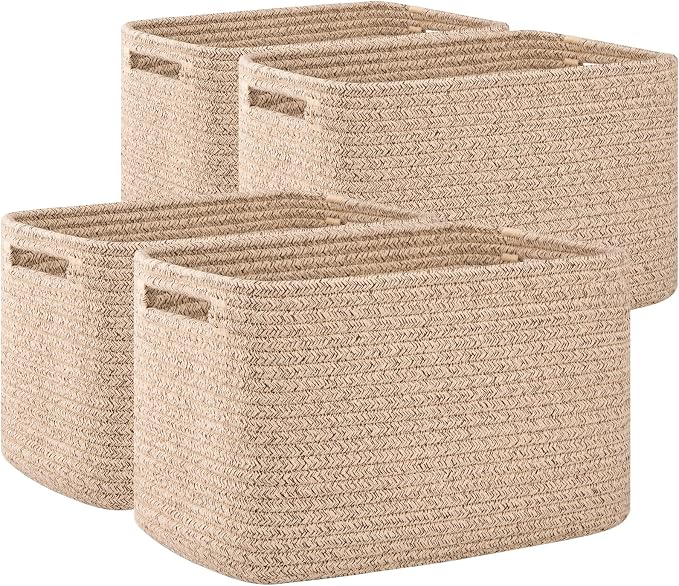 OIAHOMY 4 Pack Storage Baskets for Organizing, Cube Storage Bins for Shelves, Rectangle Storage Baskets With Handles, Woven Baskets for Storage, 16''Lx12''Wx8''H, Brown by MasterofSpaceOptimization