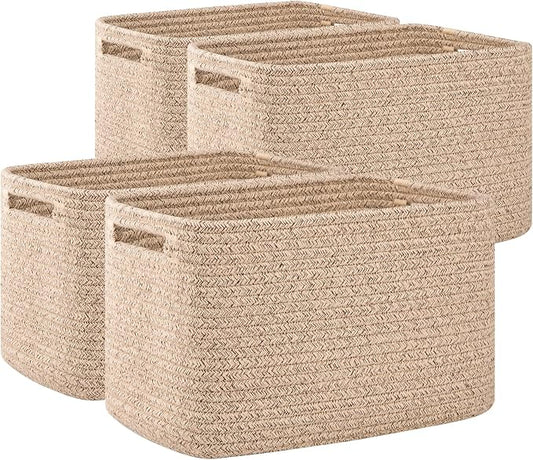 OIAHOMY 4 Pack Storage Baskets for Organizing, Cube Storage Bins for Shelves, Rectangle Storage Baskets With Handles, Woven Baskets for Storage, 16''Lx12''Wx8''H, Brown by MasterofSpaceOptimization