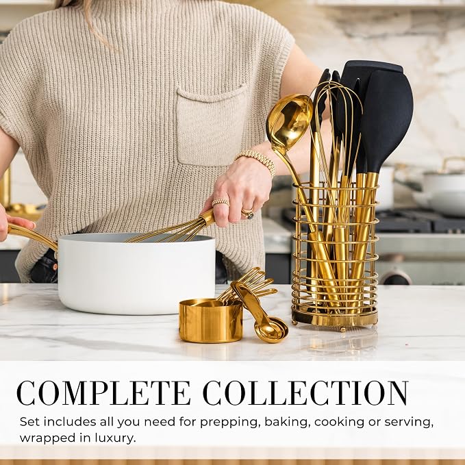 Styled Settings Black and Gold Kitchen Utensils Set, 15-Piece | Nonstick BPA-Free Silicone Cooking Utensils with Measuring Cups and Spoons - Luxury Kitchen Accessories for Stylish Cooking - Image 3