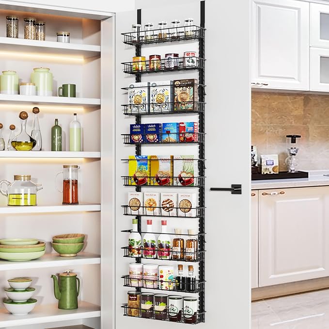 Churboro 9 Tier Over Door Pantry Organizer, 2-in-1 Adjustable Spice Rack | Metal Pantry Door Organizers and Storage, Hanging or Wall Mount Shelves with 9 Adjustable Baskets, 3 Safety Bars, Black by Churboro