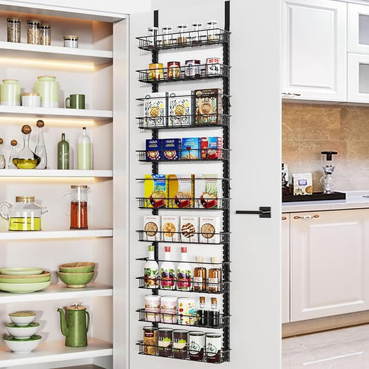 Churboro 9 Tier Over Door Pantry Organizer, 2-in-1 Adjustable Spice Rack | Metal Pantry Door Organizers and Storage, Hanging or Wall Mount Shelves with 9 Adjustable Baskets, 3 Safety Bars, Black by Churboro