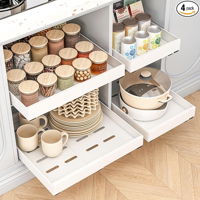 THMINS 4 Pack Pull Out Cabinet Organizer, 21" Deep Expandable(12.6"-20.5") Heavy Duty Slide Out Drawers, Pull Out Drawers for Cabinets Suitable for Kitchen Storage (White) by THMINS