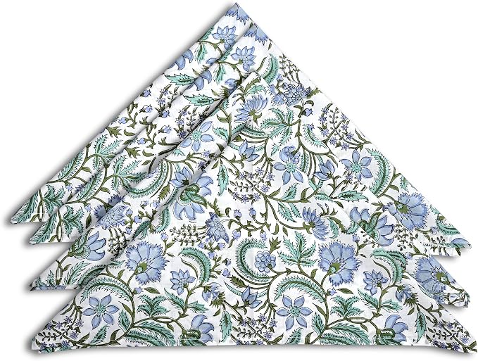 Columbia Blue Hand Block Print 100% Cotton Napkins 18" x 18" (Set of 4) Reuseable Kitchen Napkins Cloth Decor Dinner Party Wedding Cocktail Gift for Spring, Easter, Summer - Image 2