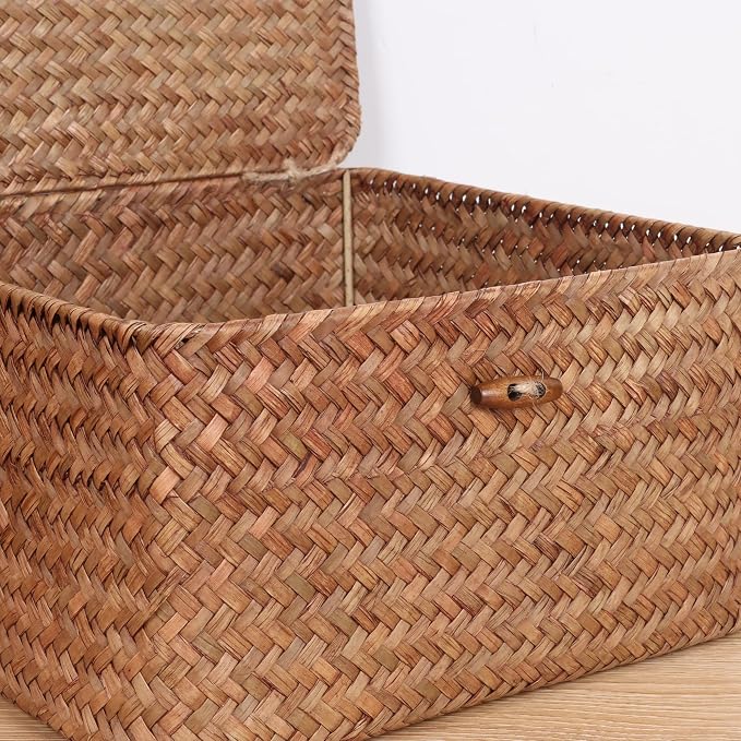 Moosky Wicker Shelf Baskets with Lid, Handwoven Seagrass Storage Basket Bins Square Gift Boxes for Shelves Home Decor Organizer (Coffee, Set of 4) - Image 5