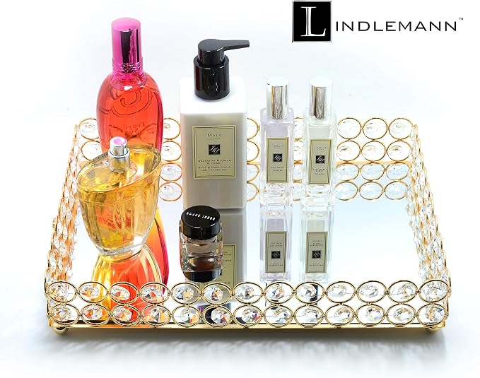 Decorative Tray Metal Mirrored Vanity Trays Crystal Ornate Perfume Jewelry Makeup Dish Dresser Countertop Organizer for Home Decoration & Holiday Party (Rectangle, 12x9in, Gold) - Image 4