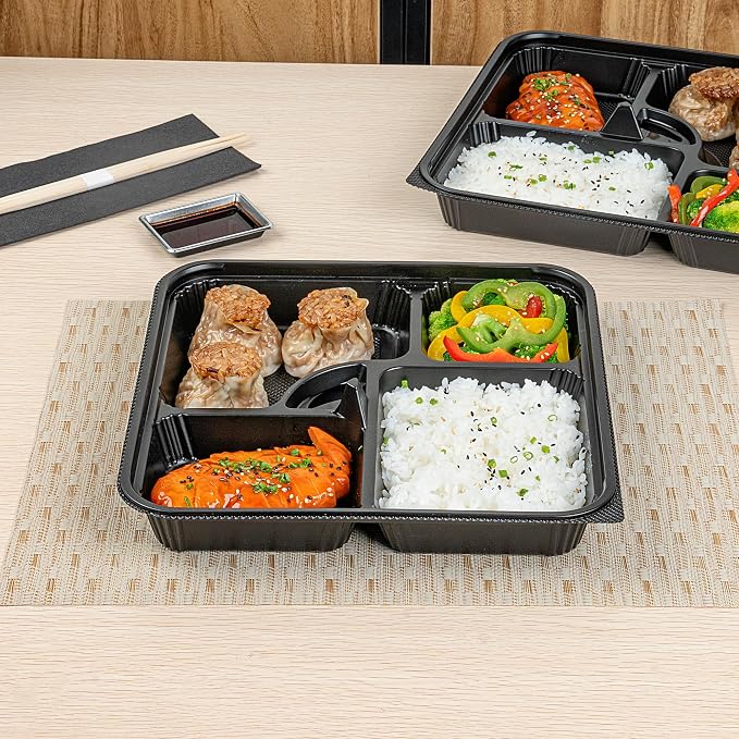 Restaurantware-Bento Tek 39.6 Ounce Meal Prep Containers, 100 Disposable To Go Food Boxes - Lids Sold Separately, 5 Compartments, Black Plastic Bento Lunch Boxes, Microwavable, Freezable - Image 4