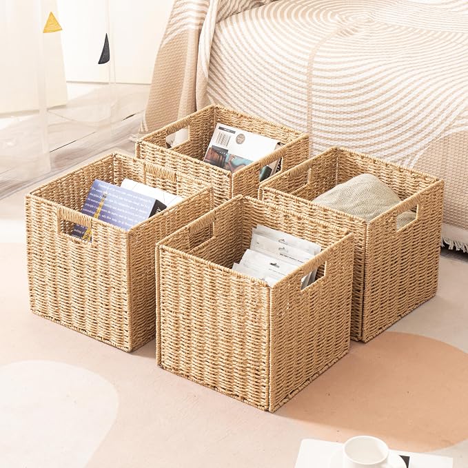 13x13x13 Storage Cube Bins Set of 4, Paper Rope Hand Woven Storage Basket with Handles, Collapsible Square Storage Cubes for Shelves, Wicker Shelf Baskets for Living Room Bedroom Organizing, Natural - Image 6