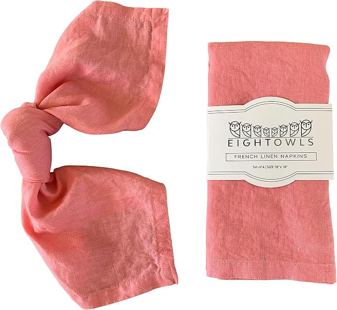 Linen Napkins –100% French Flax – Stonewashed Pure Linen Cloth Napkins - Size 18 Inch x 18 Inch – Set of 4 (Sunset Pink) by EightOwls