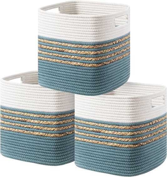 UBBCARE Set of 3 Storage Cubes 11 X 10.5 X 10.5 in, Water Hyacinth Storage Bins for shelves, Toys, Book, Storage Baskets with Handles, Cotton Rope Woven Baskets for Organizing, Light Blue by UBBCARE
