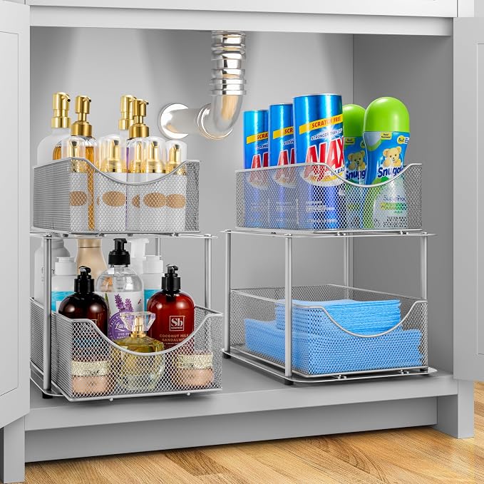 Sorbus 2 Sets of 2 Tier Metal Under Sink Organizer for Bathroom, Kitchen, Strong Steel Mesh Sliding Drawers for Under Sink, Under Cabinet, Closet, Kitchen, Pantry, Bathroom Organizers and Storage - Image 2