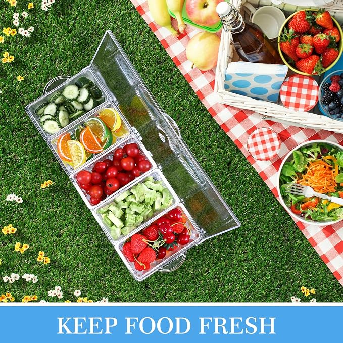 2 Pieces 5 Chilled Condiment Server with Hinged Lid Condiment Tray with Ice Chamber Cooled Compartment Container Caddy Organizer Removable Dishes for Salad Fruit Cheese Outdoor Party Bar Supplies - Image 5