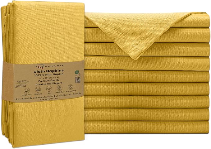 Ruvanti Cloth Napkins Set of 12, 100% Cotton High GSM 18x18 Inches Soft, Washable, Highly Durable & Absorbent, Perfect for Parties, Christmas, Thanksgiving Dinners – Spicy Mustard by Ruvanti