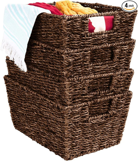 Best Choice Products Rustic Set Of 4 Multipurpose Stackable Seagrass Storage Basket, Handwoven Laundry Organizer Totes for Bedroom and Living Room, Shelves, Pantry w/Insert Handles - Brown by Unknown