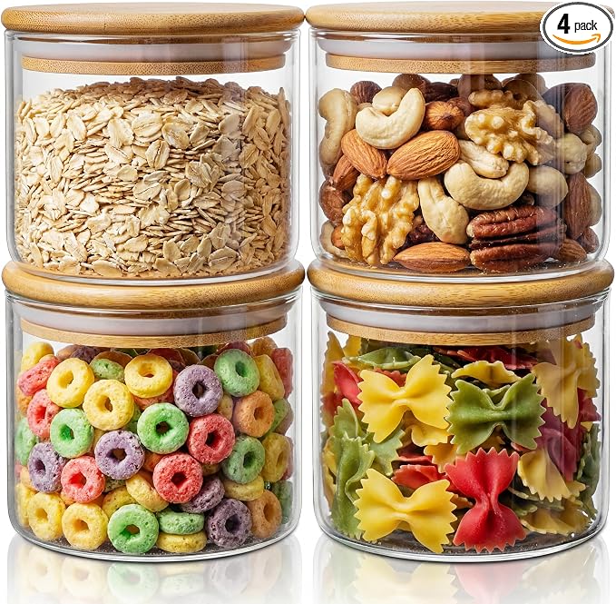 17 oz Glass Jars with Bamboo Lids, Airtight Food Storage Containers, 4 Pack | Round Small Pantry Jars for Spices, Nuts & Seeds , 3mm Borosilicate Glass Canisters Keep Food Fresh, Easy to Fill & Clean by HomArtist