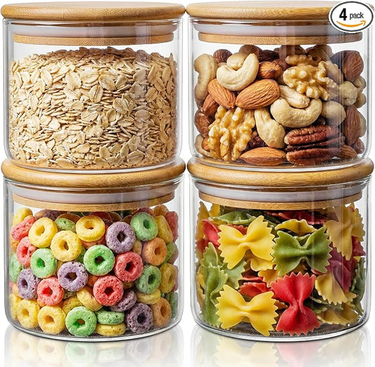 17 oz Glass Jars with Bamboo Lids, Airtight Food Storage Containers, 4 Pack | Round Small Pantry Jars for Spices, Nuts & Seeds , 3mm Borosilicate Glass Canisters Keep Food Fresh, Easy to Fill & Clean by HomArtist