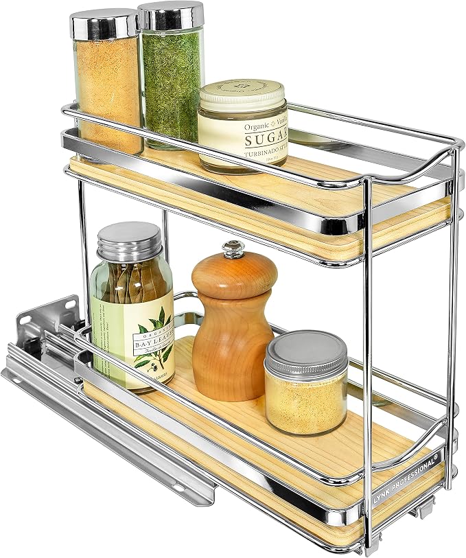 LYNK PROFESSIONAL® Élite™ Pull Out Spice Organization for Cabinets - 4-3/8 inch Wide – Spice Rack for Inside Cabinets – Wood/Chrome - Sliding Spice Rack Organizer for cabinet – Spice Rack - 2 Tier by LYNKPROFESSIONAL