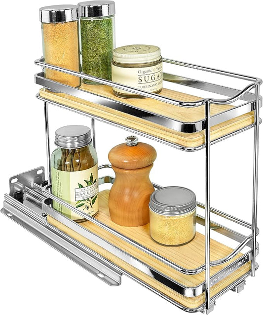 LYNK PROFESSIONAL® Élite™ Pull Out Spice Organization for Cabinets - 4-3/8 inch Wide – Spice Rack for Inside Cabinets – Wood/Chrome - Sliding Spice Rack Organizer for cabinet – Spice Rack - 2 Tier by LYNKPROFESSIONAL