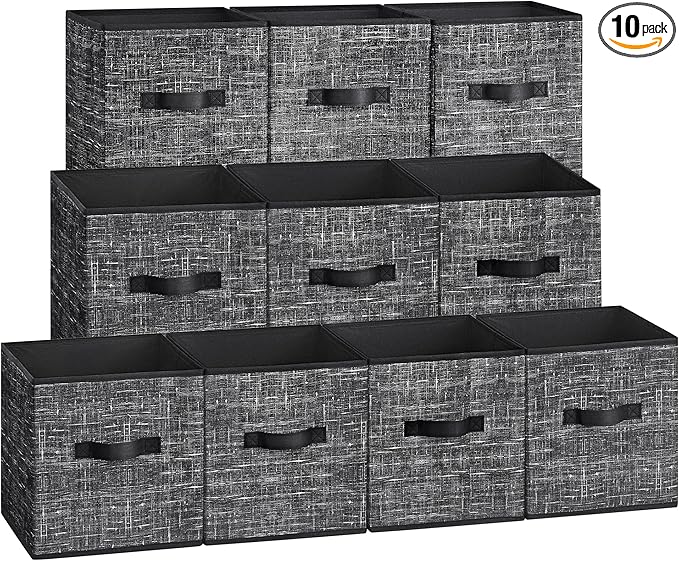 SONGMICS Storage Cubes, 10.2 x 10.2 x 11 Inches Non-Woven Fabric Bins with Double Handles, Set of 10, Closet Organizers for Shelves, Foldable, for Clothes, Classic Black UROB126B01 by Unknown