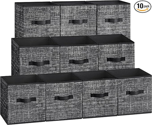SONGMICS Storage Cubes, 10.2 x 10.2 x 11 Inches Non-Woven Fabric Bins with Double Handles, Set of 10, Closet Organizers for Shelves, Foldable, for Clothes, Classic Black UROB126B01 by Unknown